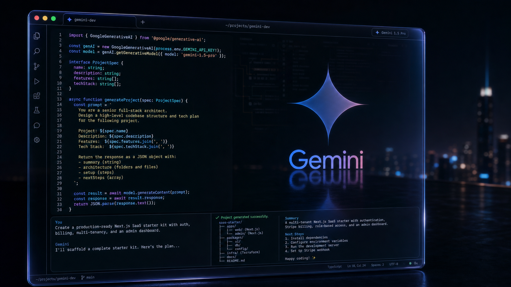 터미널에서 실행되는 Gemini CLI를 보여주는 다크 글래스 터미널 일러스트
