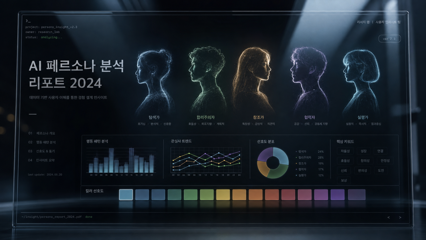 LLM 페르소나와 시각화 디자인을 상징하는 다크 글래스 터미널 스타일 커버