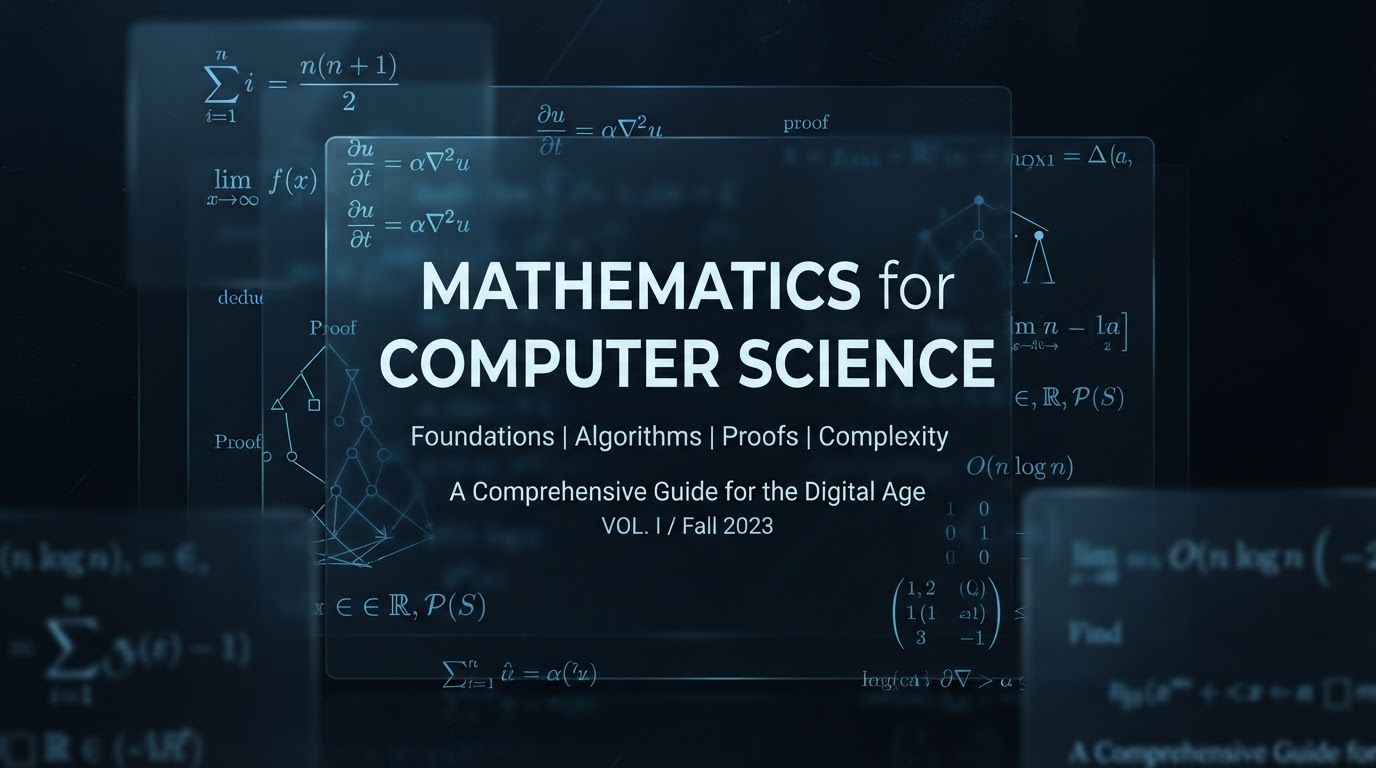 Mathematics for Computer Science 교재를 상징하는 다층의 수학 노트 일러스트