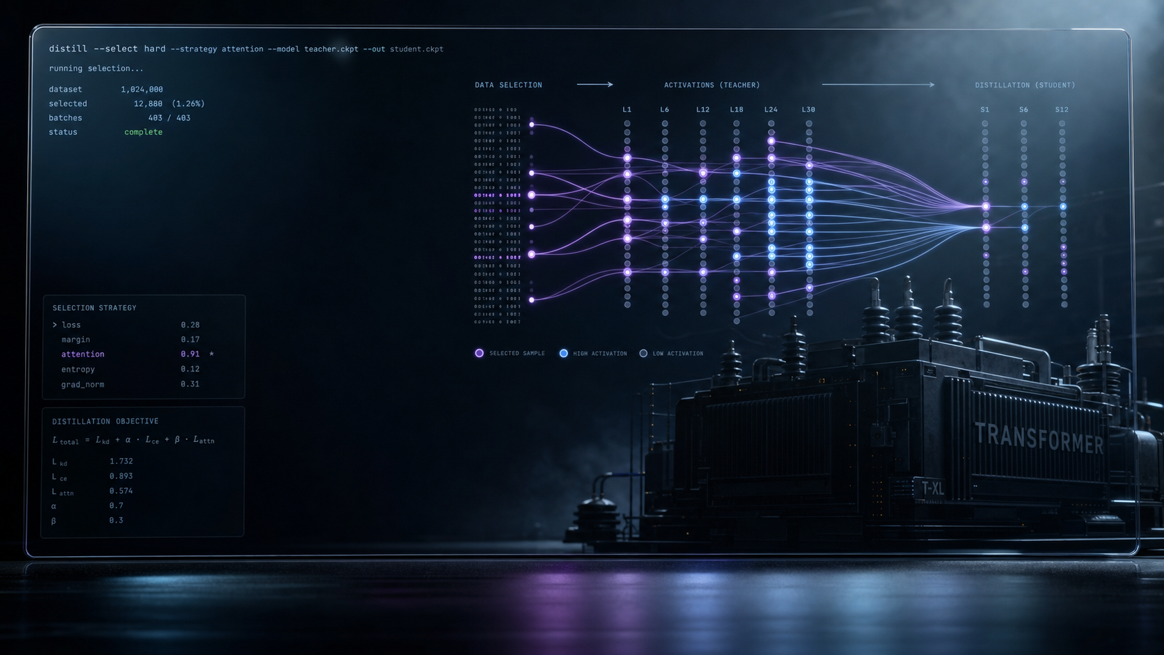 Dark glass terminal 스타일 커버: 뉴런 활성화와 데이터 선택을 암시하는 시각화